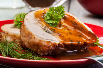 Sliced pork lion roll stuffed with mushrooms