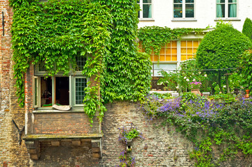 Houses along the canals of Brugge or Bruges, Belgium