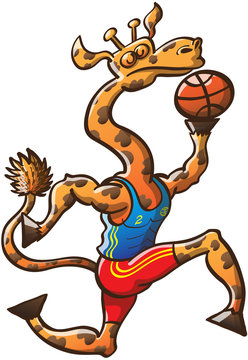 Brave Giraffe Jumping and Holding a Basketball