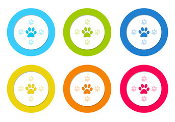 Set of colorful rounded icons with pet footprints symbol