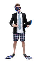 Full-length portrait of businessman wearing fins
