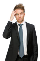 Half-length portrait of pensive business man