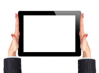 female hands holding a tablet touch computer gadget with isolate