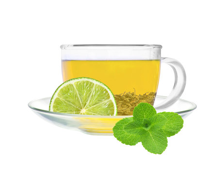 Transparent cup of green tea with lime and mint isolated on whit