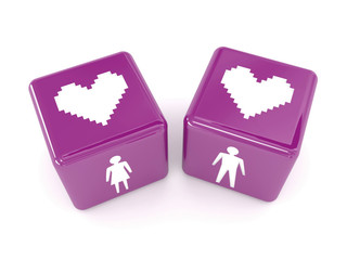 Two hearts, male and female figures on dices.