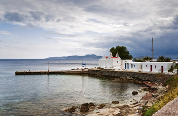 Harbour with small church in Mykonos