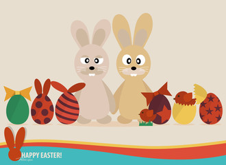 Obraz na płótnie Canvas Happy easter cards with easter eggs, cute rabbit, ribbon. Concep