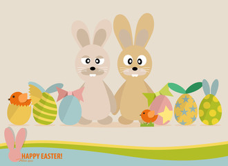 Happy easter cards with easter eggs, cute rabbit, ribbon. Concep