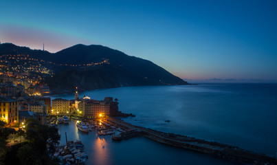 The village of Camogli, Italy, at sunset