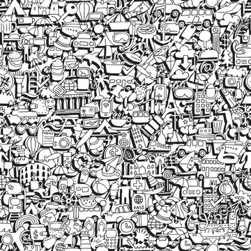 Travel seamless pattern in black and white