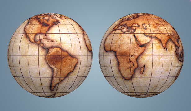 globes textured with old grungy world map