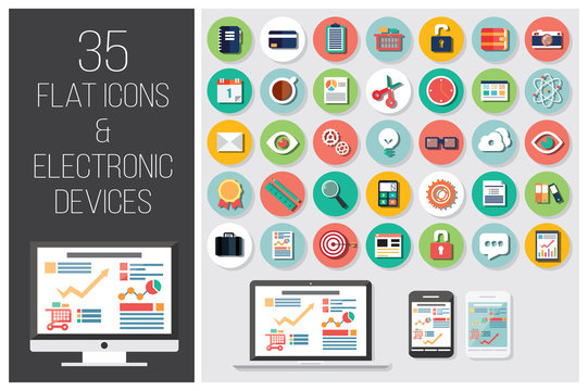 35 flat web icons and 4 electronic devices, vector illustration