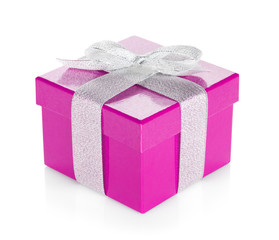 Purple gift box with silver ribbon and bow