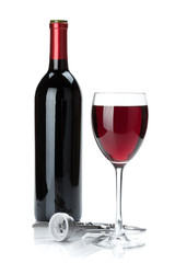 Red wine bottle, glass and corkscrew