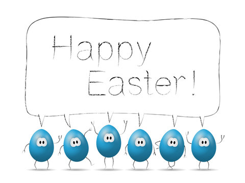 Funny blue easter eggs with bubble "Happy Easter!"