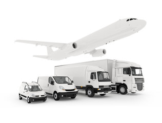 Cargo plane, truck, lorry and a delivery cars
