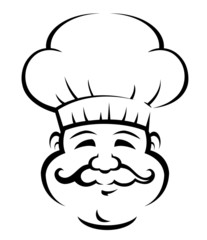Smiling chef with a large curly moustache