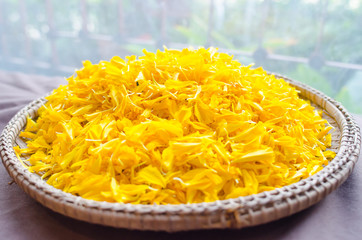 Beautiful flowers on bamboo basket