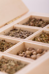 Tray with assorted dried spices and herbs