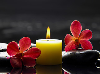 Two red orchid with yellow candle and therapy stones