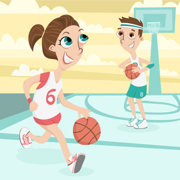 Cute Couple Play Basketball