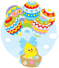 Easter Chick flies with balloons