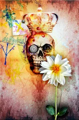 Fotobehang Graffitimuur met koningsschedel en heilige bloem © Rosario Rizzo