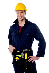 Smiling handyman on white background