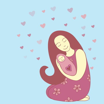Mother hugging her little child. Vector art