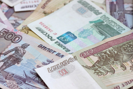 close up of heap of Russian banknotes
