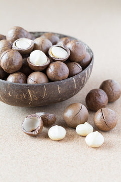 Macadamia nuts in coconut bowl