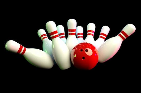 Photo-realistic image of bowling scene with black background