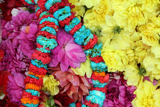 Flowers and garlands for sale at the flower market in Kolkata