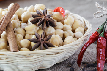 Chickpeas and spices for Indian food.