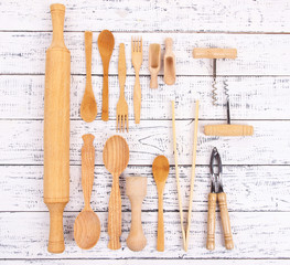Wooden kitchen utensils on table close-up