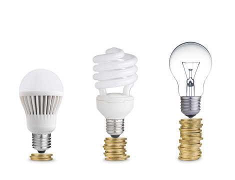 Money saved in different kinds of light bulbs. Isolated on white