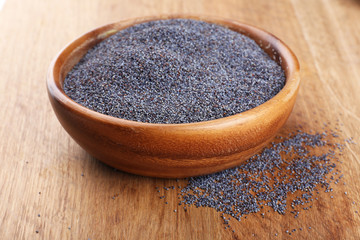 Poppy seeds in bowl on table close-up