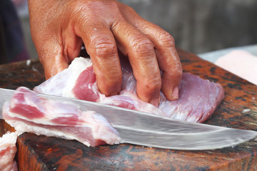 sliced ​​fresh raw pork market.
