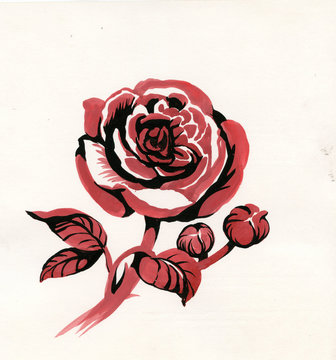 Handdrawn red rose in sketch-style, isolated on white background