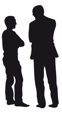 Zwei Gesch&auml;ftsm&auml;nner im Gespr&auml;ch, Abstand halten, Unterhaltung, Austausch, Kommunikation, Menschen Silouette