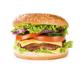 Close up of a cheeseburger isolated on white background