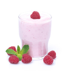 raspberry yogurt in a glass, isolated