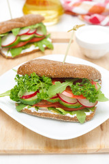 sandwich with cottage cheese, greens and vegetables on the plate