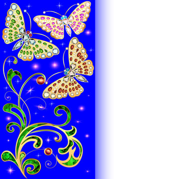 background with butterflies and ornaments made of precious ston