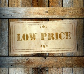 Stamp Low Price label old wooden box