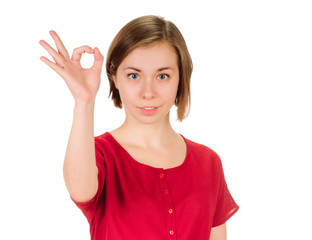 young woman shows sign and symbol on white background