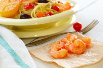 Seafood spaghetti pasta dish with shrimps