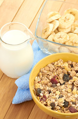 Delicious and healthy cereal in bowl with milk