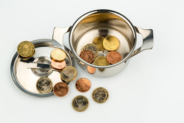 Ein Kochtopf mit wenigen Euromünzen, Symbolfoto für Finanzkrise