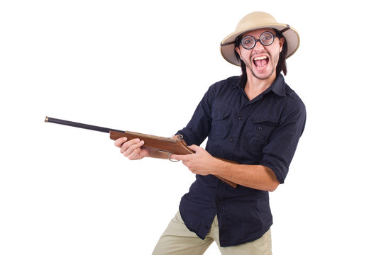 Funny hunter wearing safari hat